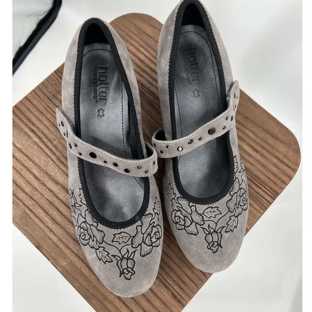 Hotter Grey Suede Floral Embroidered Mary Jane Studded Strap‎ Comfort Heels 7.5